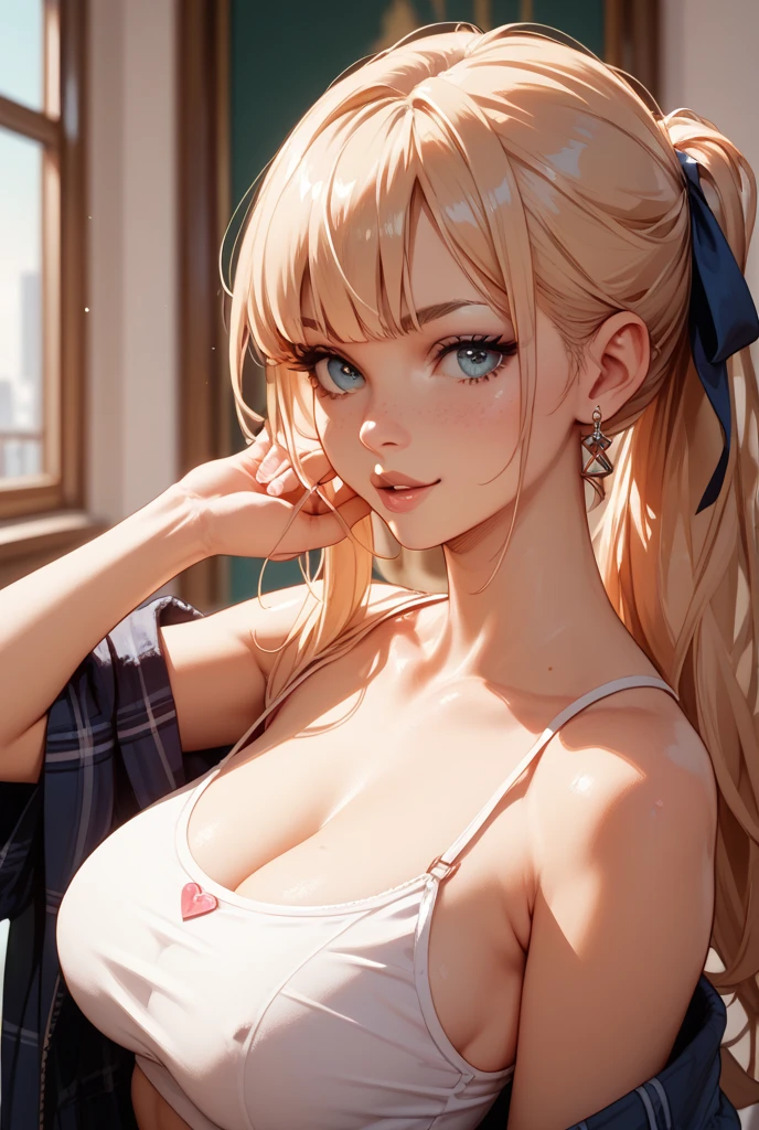blonde gamer girl leaning into the camera, photo from front above, red hoodie, large white gamer headphones, medium breasts, skintight white top:1.2, cleavage, pink bra:1.2, looking at viewer, soft colors, cinematic lighting, perfect anatomy:1.2, round breasts:1.2, well-organized, neat:1.2, perfect proportions,