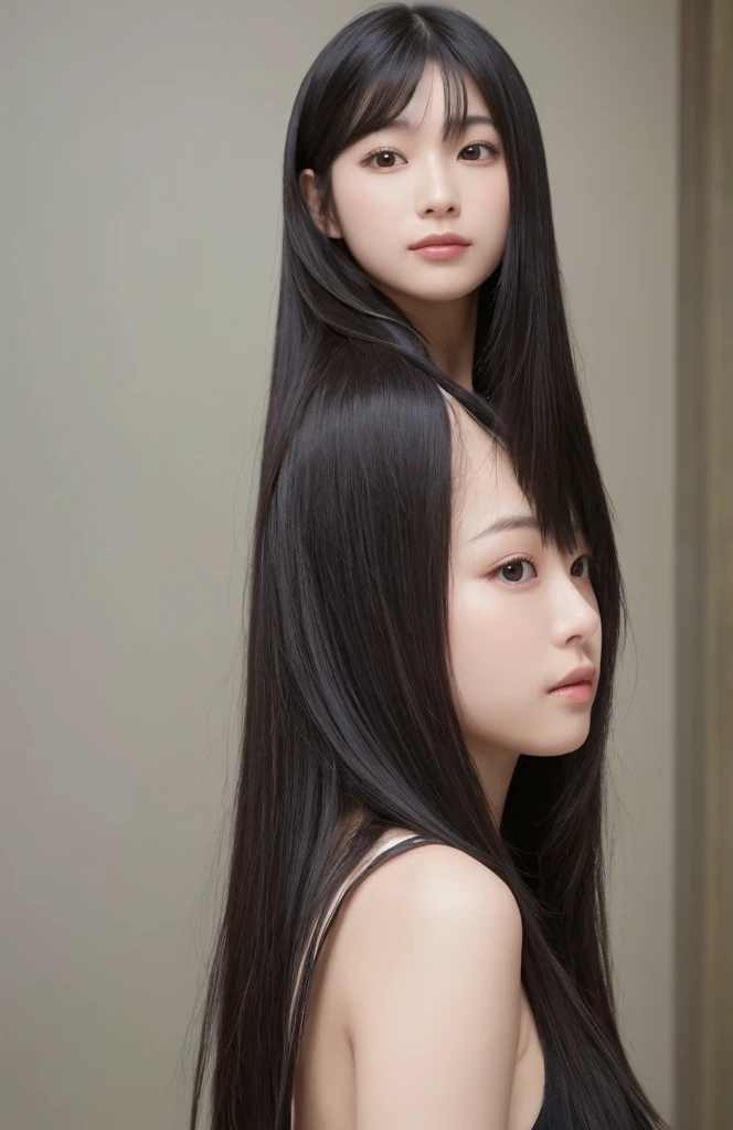(Full body shot of two identical twins 1.3) (The two of them look like identical clones, wearing the same clothes and posing the same way.) ((Random crawling on all fours to show as much hair as possible:1.8)) ((Beautiful 24-year-old hair model with long black hair, girl with super length Hair, extremely length Hair, extra length Hair, very long, Flowing Hair, very length Hair, length Hair girl, very long, Flowing black hair, length Hair windy, Very long black hair, length, Flowing Hair,Incredibly long-lasting hair, length Hair!!!! Her highest quality hair is long and straight., very long, highest quality black hair, length hair in the center, Highest quality long straight hair, length, straight, beautiful, High quality hair, length and free black highest quality straight hair, length Hair, length and straight, highest quality black hair, Perfect silky straight hair of the highest quality, straight, highest quality black hair, length black straight hair, length, Thin black hair Her hair is long and straight, very long black hair, length hair in the center, length straight hair, length, straight, beautiful hair of the highest quality, length Hair, length, straight black hair, length and free straight black hair, straight black hair)) (Her bangs are perfect.:1.3) (Pure white wall background:1.8. Upper body photo from the knees up) (Japan's most sexy and beautiful 24-year-old beauty model) (She looks at the viewer with a very seductive expression..) ((highest quality)), ((masterpiece)), (Familiar) (Get used to it) Perfect Face (Her skin is a typical Japanese skin color...、And very detailed) (Big Breasts:1.3) (She is wearing a beautiful shiny white camisole.:1.I'Wear 2) (She has a beautiful face and a typical Japanese figure...., Narrow eyes) (She has perfect beautiful makeup and face Lipstick is light red A solid eyeliner) ((Rich 1.4)) (Extremely detailed 8K) (Ultra-fine skin texture 1.4) (Actual, Vibrant:1.4), double eyelid Sharp focus:1.2、Beautiful woman:1.4 Dynamic Lighting (Genuine RAW photos taken by professional photographers) Professional hair shine. (She has a bright and cheerful face) (((途方もなくlengthBlack hair 1.3))) (length, Shiny black hair, その女性はlengthBlack hairをしている, lengthBlack hair, Waist-length hair, very lengthBlack hair, thick shining black hair, black silky hair, length and shiny hair, lengthBlack hair, length, Flat Hair Ridiculously long hair, Black shiny hair, Very shiny, Abnormally long hair, 厚く輝く異常にlengthBlack hair,Jet black silky hair Her hair is とてもlength and straight length, Voluminous black hair that reaches down to her ankles unusually long black hair, unusually long black hair, Very long black hair) (Her face is slim and dignified.., length, Narrow eyes..々Nice face) (They both wear the same white lingerie)