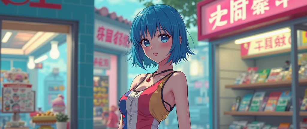 (masterpiece:1.3), (best quality:1.3), high resolution,
dutch angle, couboy shot,
leaning forward, body facing forward,
(one cute girl:1.3), solo,
white skin, (intricate geometric patterns tattoo:1.2), small Breast, eight-headed person,
light blue hair, (bobbed hair:1.2), (short hair:1.1), (blunt bangs:1.2), beautiful hair, blue eyes, beautiful detailed eyes,
blush, heart, grin,
bikini, casual clothes, short pants, frill, white and red clothes, earrings,
outdoors, busy street,
shadowlighting,