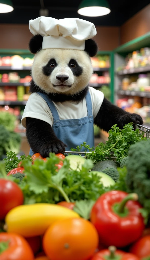 A Pixar-style panda dressed as a cook in a white blouse and a light blue apron buying vegetables at the supermarket, You can see the vegetables in the foreground, vegetables in intense and vibrant colors. Focus on vegetables, vegetables look fresh and with drops of water. Focus on the bottom of the image. The panda is further behind vegetables and out of focus.