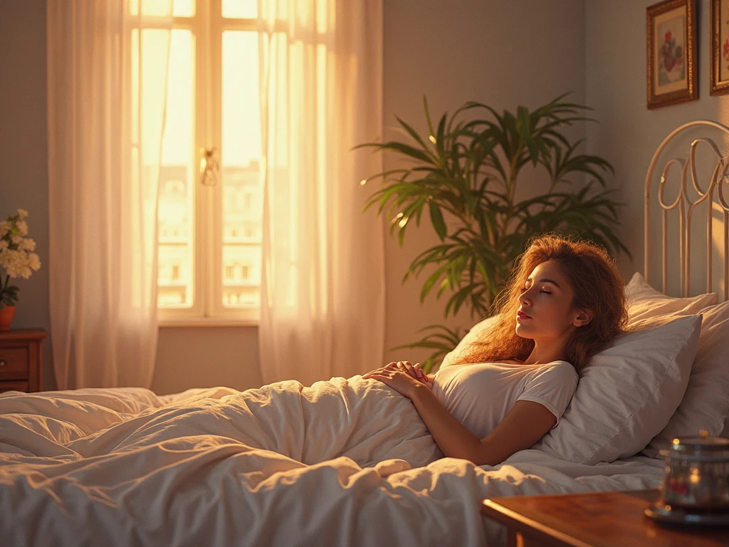 (photorealism:1.2), beautiful woman, sitting on bed, wearing loose off-shoulder top, pajama pants, long curly hair, indoors, soft lighting, plants in background, window with sunlight, cozy room, relaxed pose, realistic, intricate details, warm colors, by Greg Rutkowski, by Alphonse Mucha
