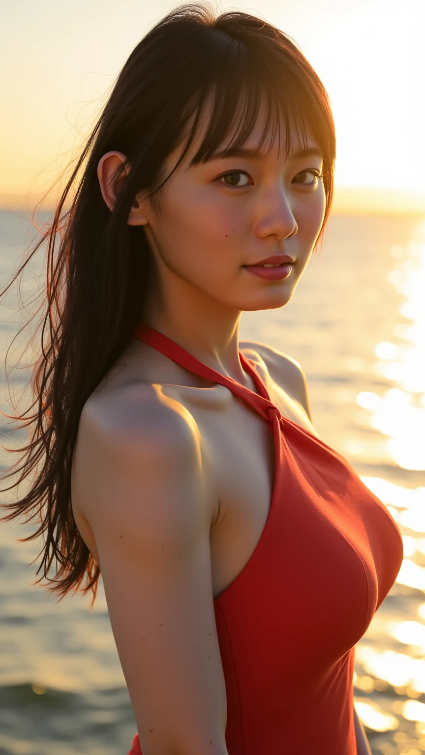a beautiful Asian woman with long black hair and looks natural in every detail, eyes with brownish eyeballs that are very realistic and natural in every detail, corneas, eyebrows and smooth skin that are very real, natural, natural beauty of an Asian woman that is very realistic and real, wearing a long red dress that is elegant and enchanting, the background is an enchanting beach in the afternoon with the gentle crashing of sea waves and the beauty of the sunset that is so real and charming, very real, realistic, cinematic