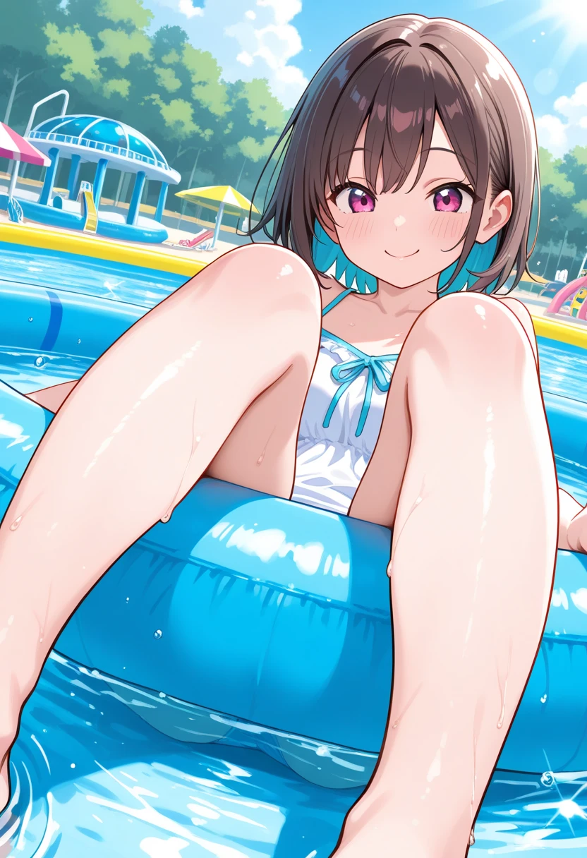 (One girl)、smile、White competitive swimsuit、Poolside、Dark brown short hair、Dark brown eyes、Spread your legs