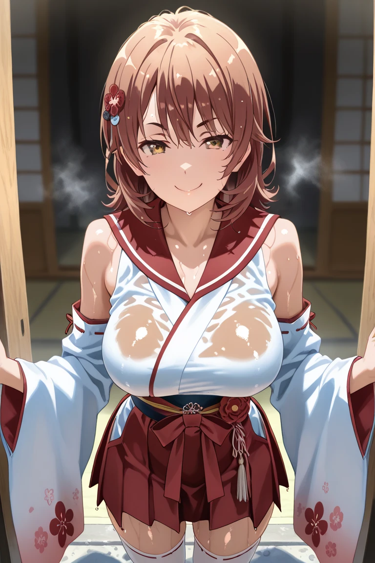hakama, upper body, open clothe, lifted bra, breasts, nipples, surprised, blush, looking at side