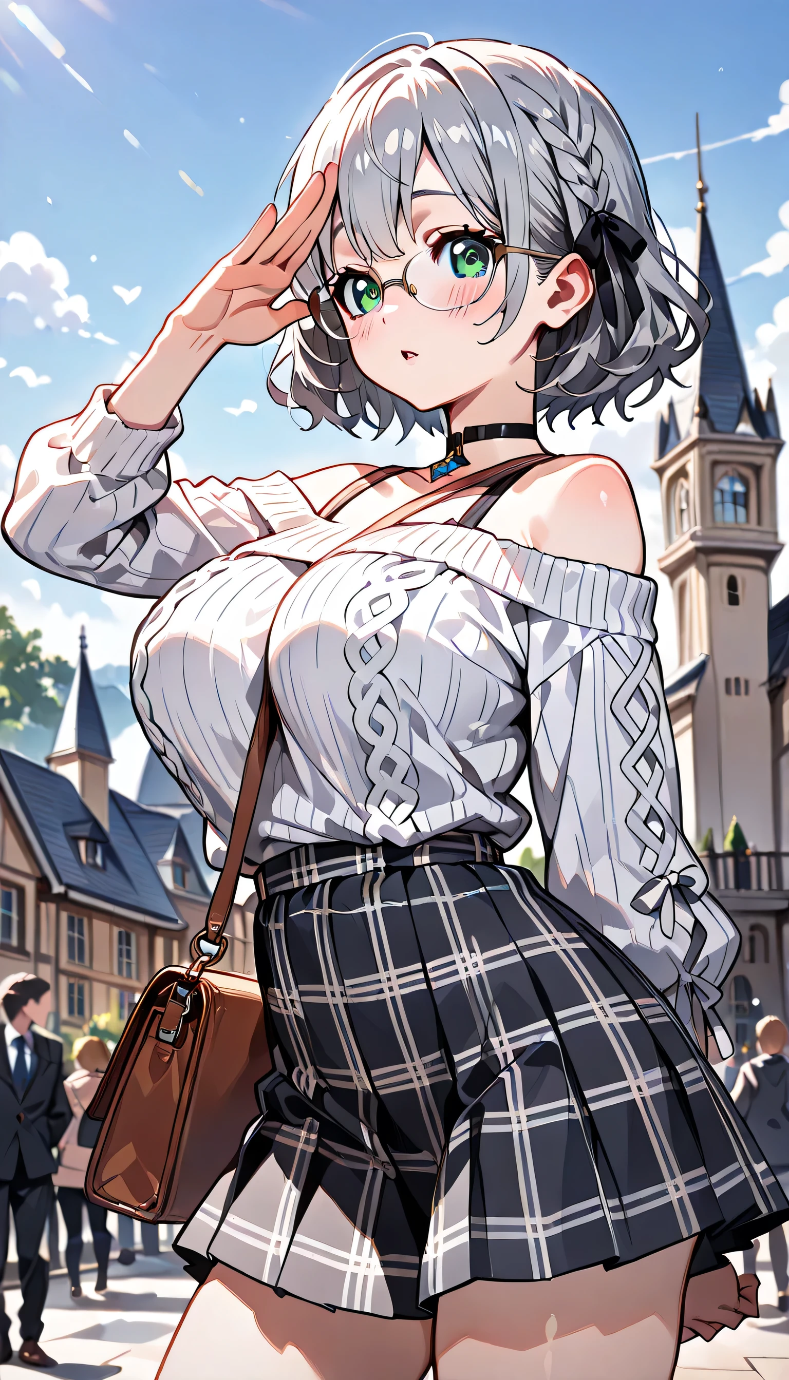((ultra-detailed)), (highly detailed CG illustration), (best quality:1.2), ultra-highly detailed, colorful composition, artistic photoshoot, 1girl, solo focus, upper body, moe anime character, girl, dainty facial structure, baby face, round face, rounded chin:1.2, ideal ratio body proportions, ample breasts, (wearing glasses:1.3), (round eyewear:1.3), Silver Noel, Silver Noel \(Casual\), Hololive, 1 girl, chest, short hair, bangs, skirt, big breasts, ribbon, cleavage, green eyes, collarbone, hair ribbon, braid, gray hair, glasses, choker, off-shoulder, sweater, checkered, wavy hair, black choker, checkered skirt, French braid, black rimmed glasses, white sweater, off-shoulder sweater, sleeves up to elbow, shoulder bag, strap between breasts:1.2, arm behind back, outdoor, petals glowing and fluttering, best quality, masterpiece, standing by the victorian garden with flowers, castle, beautiful detailed sky, from side, dynamic pose, contrapposto pose, expecting, pink cheek, blush, light pink gloss slip, portrait, depth of field, soft lighting, sidelighting, shine, lighting, caustics, ray tracing, perfect face, lustrous skin, highly detailed face, highly detailed eyes, perfect face, perfect nose, perfect hair, perfect eyes, perfect anatomy, beautiful hair, beautiful small face, extremely detailed face, beautiful detailed eyes, beautiful clavicle, beautiful body, beautiful huge breasts, leavage, breasts squeezed together, equalize the size of the left and right breasts, beautiful thin thighs, beautiful legs, beautiful fingers, 4 fingers, 1 thumb, lovely, (very detailed background:1.0), (highly detailed background:1.0), spring aesthetic, intricate details, joyful atmosphere, spring colors palette, chromatic aberration
