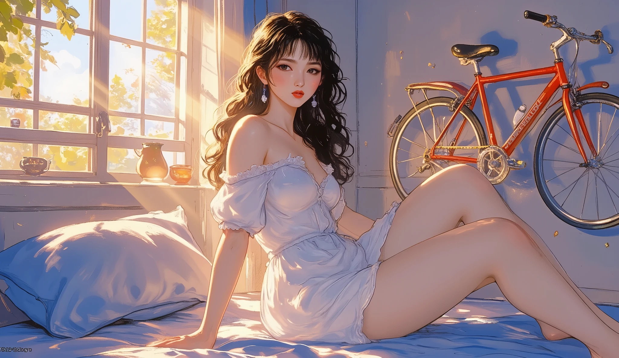masterpiece, high quality, 4k, best quality, dynamic lighting, first-person view, Anime style scene from a first-person perspective. A tall young woman with dark long hair, wearing a thin white nightgown, sits beside the viewer on a bed. Morning sunlight shines through a horizontal window behind her, creating visible light rays like beams filtered through tree leaves. A bicycle with a red, blue, and white frame (like the Cinelli design) hangs on the wall. The room is calm, minimal, slightly unfamiliar. Vivid colors, clear bold outlines, soft shadows. Inspired by Makoto Shinkai’s style