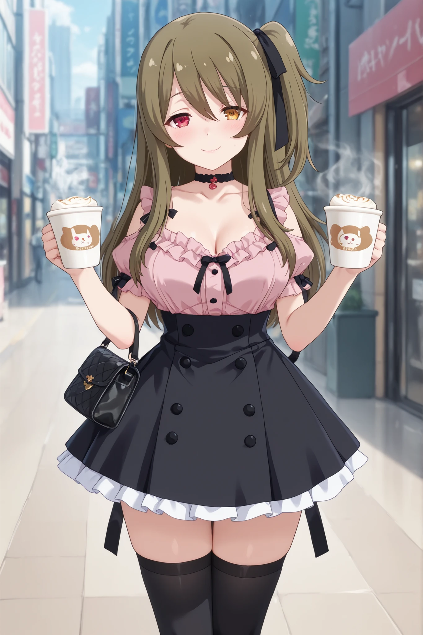 (masterpiece, Best Quality, ultra-detailed, high resolution, extremely detailed CG, official art, Professional Lighting, Perfect Anatomy), (from below), looking at viewer, cowboy shot, perfect body, 24yo beautiful 1girl, delicate beautiful face, Bright magenta eyes, cute eyes, sparkling eyes, (perky chest:1.1), (pointed chest:1.3),  medium hips, glamorous body,a small face,beautiful-makeup,Makeup light,Shortcut Hair,dark brown hair, Amazing Cleavage:1.2, thin waist,Raised sexy, small breast: 1.2 ,posed cleavage:1.2,  bare legs, nail_polish, Waiting friend, (at morning:1.5), tokyo, (convenience store:1.3), outdoor, (depth of field:1.3), contrapposto, (Hold a coffee in your hand:1.3), looking at viewer,(double breasted:1.0,under bust:1.0), gap between buttons,(((corset belt))),(((high waist skirt,))) seductive weak smiling,(with sparkling eyes and a contagious smile),open mouth, Looking at Viewer,