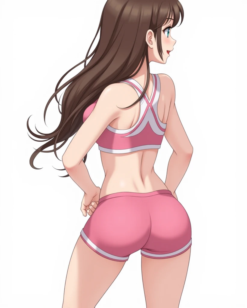 Koyomi Mizuhara, girl, brown hair, long hair, glasses, sex design tight shirt, medium breasts, tight biker shorts, high cut thong top, socks, shoes, view from behind, Wallpaper, looking back, 1998 photo shoot, firm ass cheeks, sitting on the chair, cameltoe view, lifting dumbbell pose,