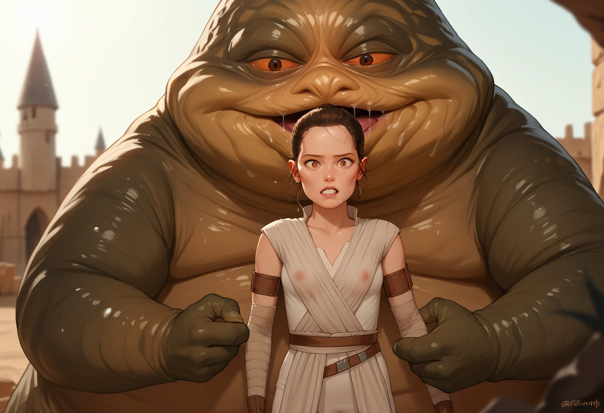 Rey, brown hair, brown eyes, natural small breasts, trim pubic hair, BREAK, see-through sleeveless, see-through jedi, see through white cloth, BREAK, surprised, being groped squeezed and molested by, BREAK (1male) (jabba the hutt), monster, snake, orange sclera, dark green and brown colored skin. size difference, excited, hungry lusty, BREAK, outside a deserted medieval castle, BREAK, masterpiece, dramatic lighting, highly detailed, depth of field #Rey-Raine-00