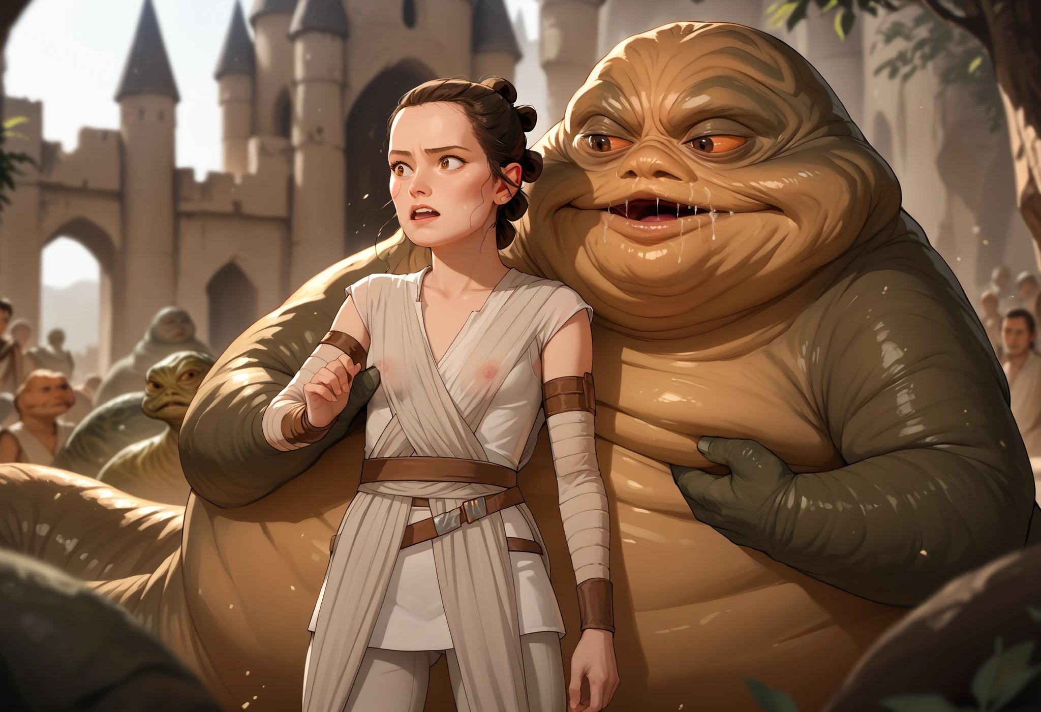 Rey, brown hair, brown eyes, natural small breasts, trim pubic hair, BREAK, see-through sleeveless, see-through jedi, see through white cloth, BREAK, surprised, being groped squeezed and molested by, BREAK (1male) (jabba the hutt), monster, snake, orange sclera, dark green and brown colored skin. size difference, excited, hungry lusty, BREAK, outside a deserted medieval castle, BREAK, masterpiece, dramatic lighting, highly detailed, depth of field #Rey-Raine-00