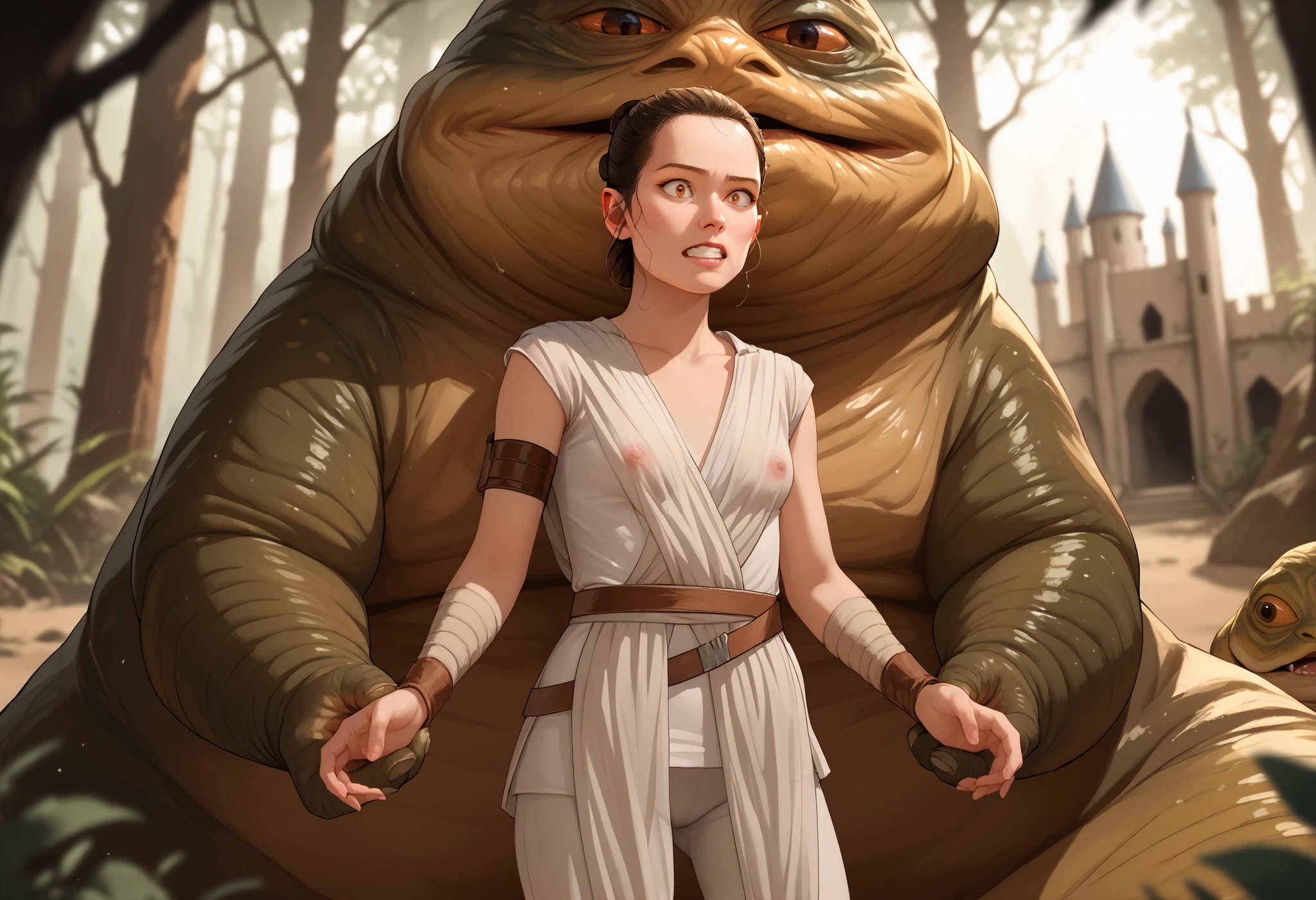 Rey, brown hair, brown eyes, natural small breasts, trim pubic hair, BREAK, see-through sleeveless, see-through jedi, see through white cloth, BREAK, surprised, being groped squeezed and molested by, BREAK (1male) (jabba the hutt), monster, snake, orange sclera, dark green and brown colored skin. size difference, excited, hungry lusty, BREAK, outside a deserted medieval castle, BREAK, masterpiece, dramatic lighting, highly detailed, depth of field #Rey-Raine-00