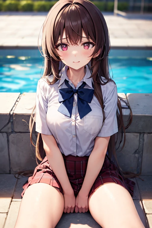 (table top, highest quality, High resolution, , perfect pixel, 4k,), 1 girl, single, alone, Beautiful woman、I could see the whole body、 ((Wavy mid-hair, bangs, brown hair)), ((brown eyes, beautiful eyelashes, realistic eyes)), ((detailed face, blush:1.2)), ((smooth texture:0.75, realistic texture:0.65, realistic:1.1, Anime CG style)), medium breasts, dynamic angle, perfect body, ((red bow tie, , black jacket, open jacket,cardigan, white shirt, black skirt, unbuttoned shirt、plaid skirt)), Upper grades、shy smile、school poolside、evening、sit on a bench、(open your legs、get down on one knee、、pink floral lace panties)、garter straps、((thighs))