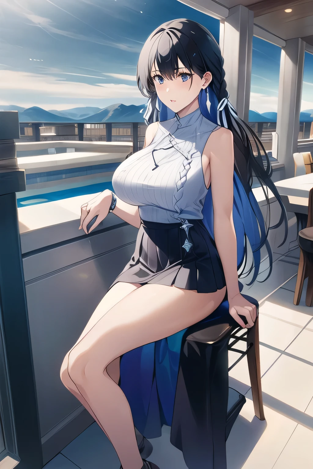Can I draw a mini skirt,Can I draw a swimsuit at the pool facility,I'm drawing a facial expression。depicts her expression more delicately,Faces are very important,can I draw a sleeveless dark blue long dress,Big Breastsでもウエストが細い,{{X}},depicts her expression more delicatelyいいですか,walking alone, city tour ,,(((she is dressed in casual tourist style))), I have a SLR camera ,(Let's draw a more delicate look),(sleeveless wool sweater),( Pleated Legs,white panties),(That work is enough for one person {X} why don't you draw the perfect balance to prevent destruction)、 That's enough,frown。unless the job requires it。 {X}、 , Attractive 40-year-old adult woman takes off her uniform, big black wavy hair, , Big Breasts, thin waist , , ,