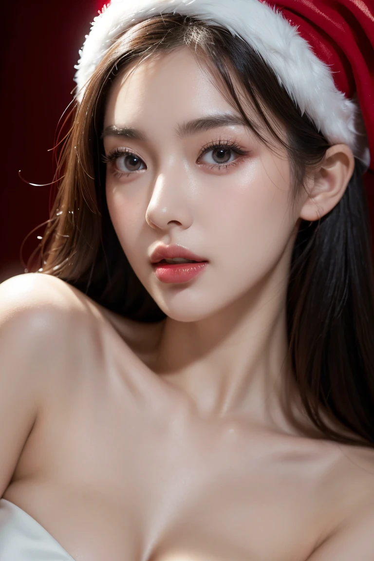 1952, ((1 Korean female)), Large Breasts, Stunningly beautiful, Exquisite facial features, Porcelain skin, Expressive eyes, Black Hair, Red lips, Sexy, Attractive pin-up girl in a red dress with large polka dots, Beautiful hairstyle, Blow a Kiss, Slim waist, Large Breasts, Juicy lips, Professional photos, Reality, White background