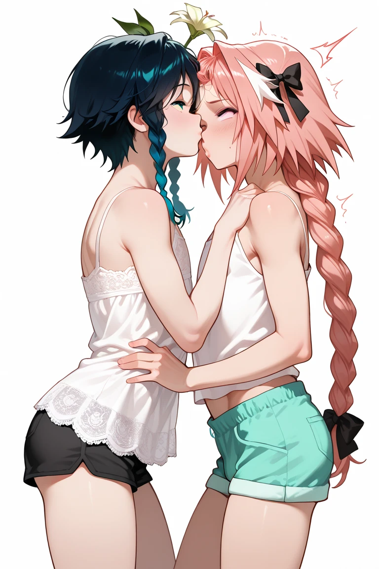 2 girls grabbing ass, kissing, in a gamer room, pink hair, with glasses