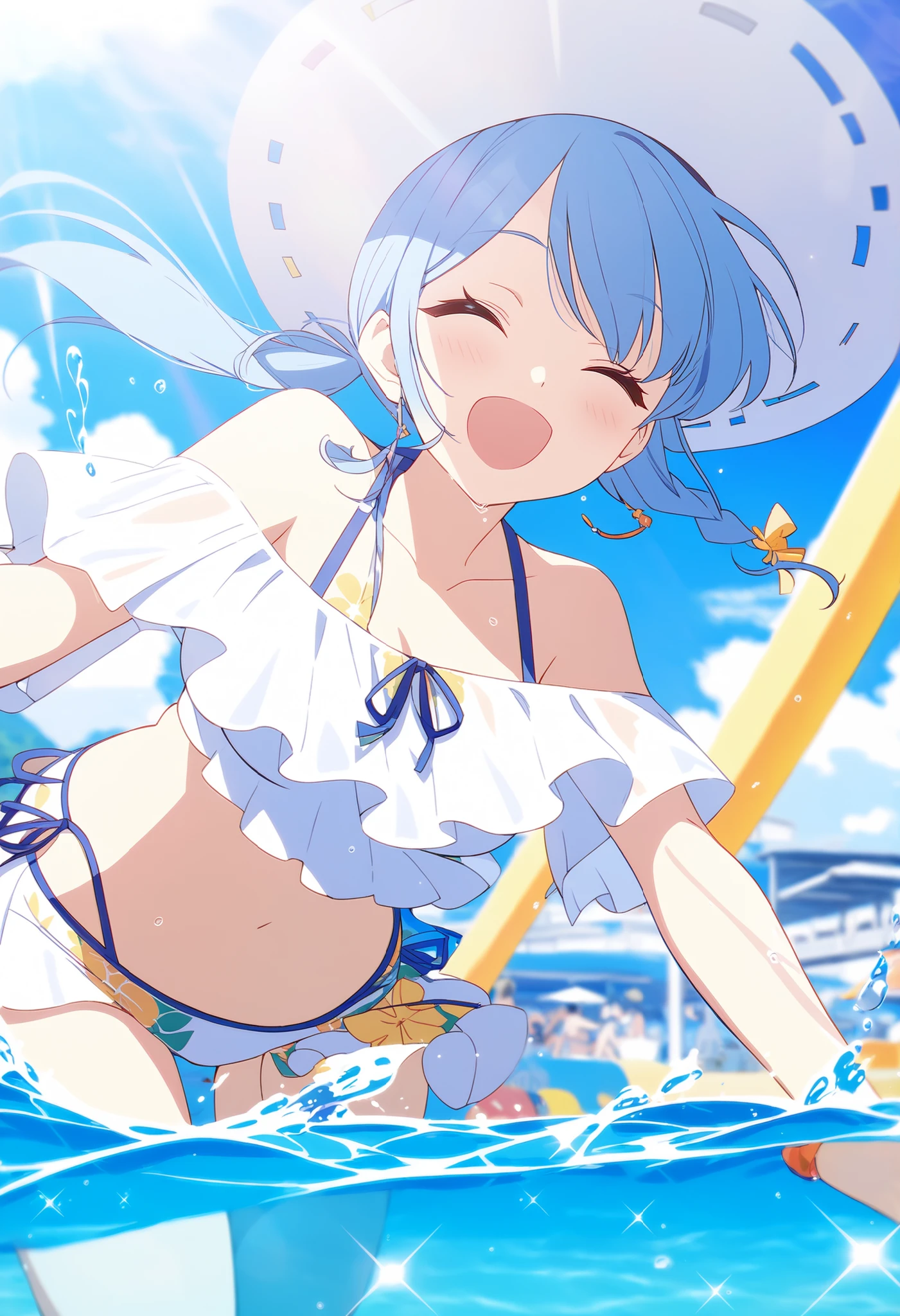 ( brush drawing,calligraphy paint),a close up of a person jumping in the air near a pool, girl walking on water,bikini bra and hot-pants,hair floating in air, splash art anime ,  [ floating ]!!, sh, wallpaper anime blue water, clean detailed anime art, swimming in air, pose(arms up + happy)