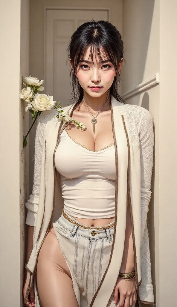 (8k, RAW photo, top quality, masterpiece:1.2), yjnn, 1girl, 3d, asian, bangs, bare_shoulders, bow, bra, breasts, brown_eyes, brown_hair, split, grey_background, lips, long_hair, long_sleeves, looking_at_viewer, medium_breasts, navel, nose, off_shoulder, open_clothes, open_shirt, panties, realistic, shirt, solo, stomach, underwear, undressing, upper_body, white_bra, white_panties, white_shirt,  Radiant skin, beautiful delicate face, beautiful delicate eyes, (realistic, realistic photo:1), lying in bed, (RAW photo, 4K, masterpiece, high resolution, very complex) (Photorealistic:2), cinematic lighting, protrusion, solo focus, ((Satomi Ishihara: 2)), portrait, ((full body photo)), underwear ((division)),(((no nfsw)))),Picture Canon EOS 5D Mark IV, love juice, thongs, (low-rise panties) There is a woman standing in a field of sunflowers ( Sony A 7 R IV,  Portrait of a woman like Reol, in front of a girl in a flower garden, girl in a flower garden, anime style mixed with Fujifilm, woman standing in a flower garden, portrait of a girl standing in a flower garden, girl standing in a flower garden, girl standing in a flower garden