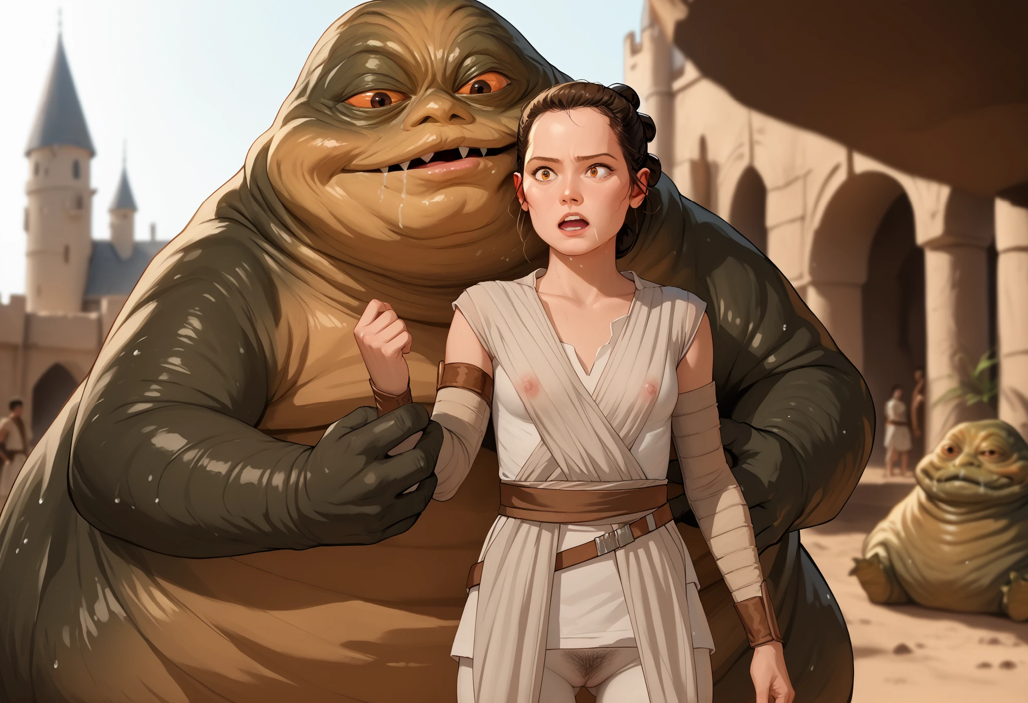 Rey, brown hair, brown eyes, natural small breasts, trim pubic hair, BREAK, see-through sleeveless, see-through jedi, see through white cloth, BREAK, surprised, grabbed from behind, being groped squeezed and molested by, BREAK (1male) (jabba the hutt), monster, snake, orange sclera, dark green and brown colored skin. size difference, excited, hungry lusty, BREAK, outside a deserted medieval castle, BREAK, masterpiece, dramatic lighting, highly detailed, depth of field #Rey-Raine-00