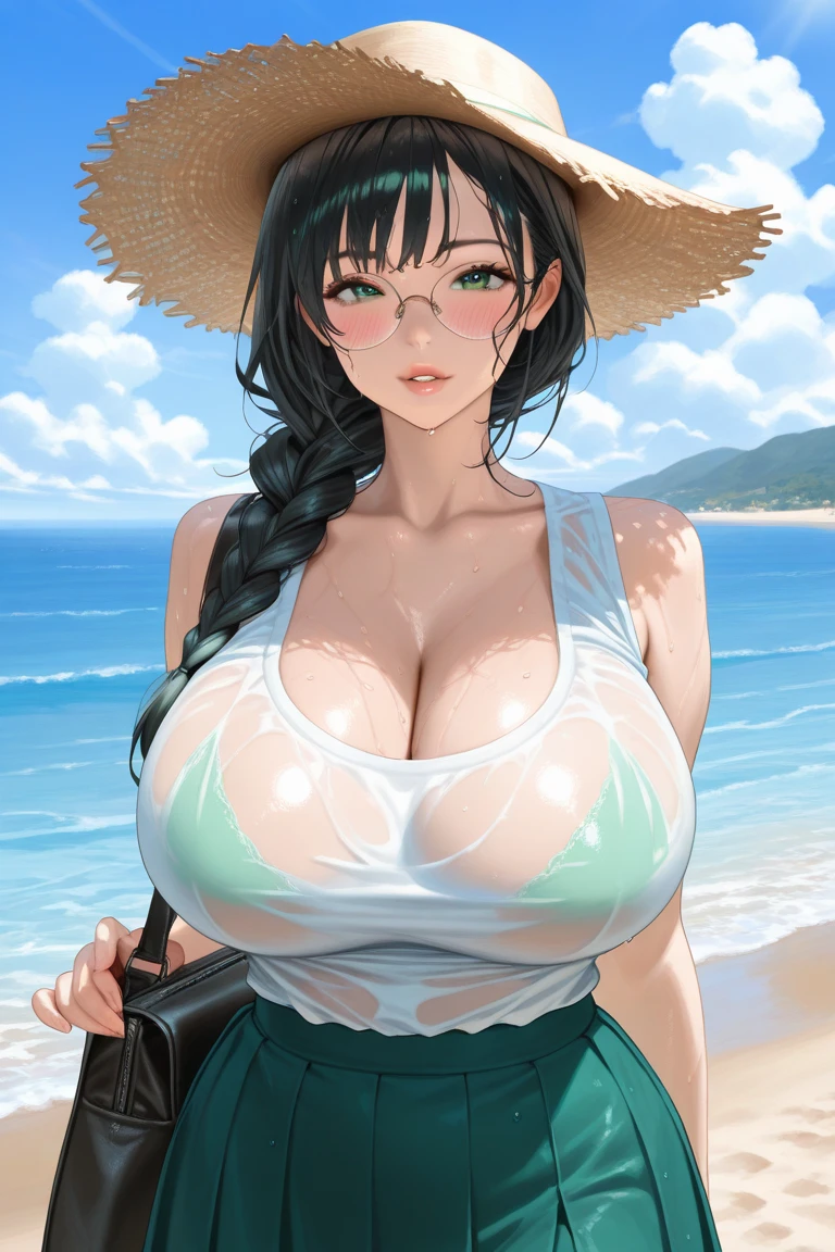 (masterpiece)、(absurdres)、(ultra detailed)、(shiny dark green hair)、(solo girl)、(dark green eyeiddle breast:0.9、(straight long hair、(off shoulder white bikini,sunglasses、smile、Tropical Beach、upper body ahot,side view,