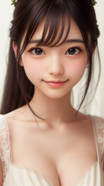 detailed face, cute face,brown eye, Gentle and attractive Chinese beauty, Half-body photo, Delicate and sexy collarbone, Attractive oval face, double eyelid, Bright pink eyes, Pink Lips, Small Nose, Exposing shoulders, Concentrated face, Face close-up, Ultra-high resolution, Super detailed, Elegant standing posture, Korean style puff sleeve square collar slim short shirt, Pair it with a high-waisted light-colored jeans suit.