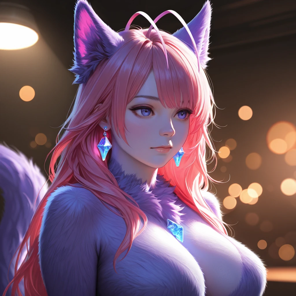 1Girl, red eyes, smile, Purple Hair, cat girl, T-pose, no background, huge breasts, cleavage, sideboob, huge butt, Purple fluffy tail, sexy, long tail, sexy dress, waruochi, japanese clothes, concept, concept dress, ribbon on the chest, purple hair, purple hair, curtained hair, bangs, medium hair, fox ears, smile, anime, Wide-Angle, ray tracing, bloom, depth of field, anime style, anime, ((masterpiece)), 8K, highres, ((best quality)), super detail, award winning, anatomically correct