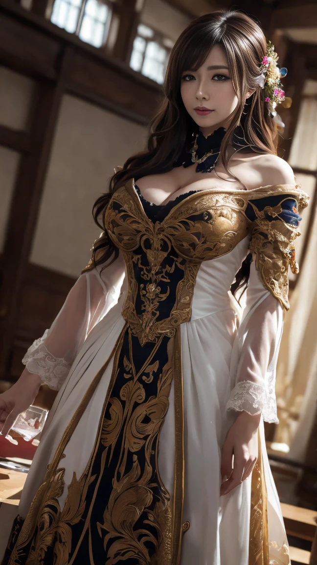 The white model with braids (black hair) looks beautiful in gold jewelry, blue eyes, in the style of brown-azure, Very realistic, in the style of Gothic romance, historical inspiration, careful details