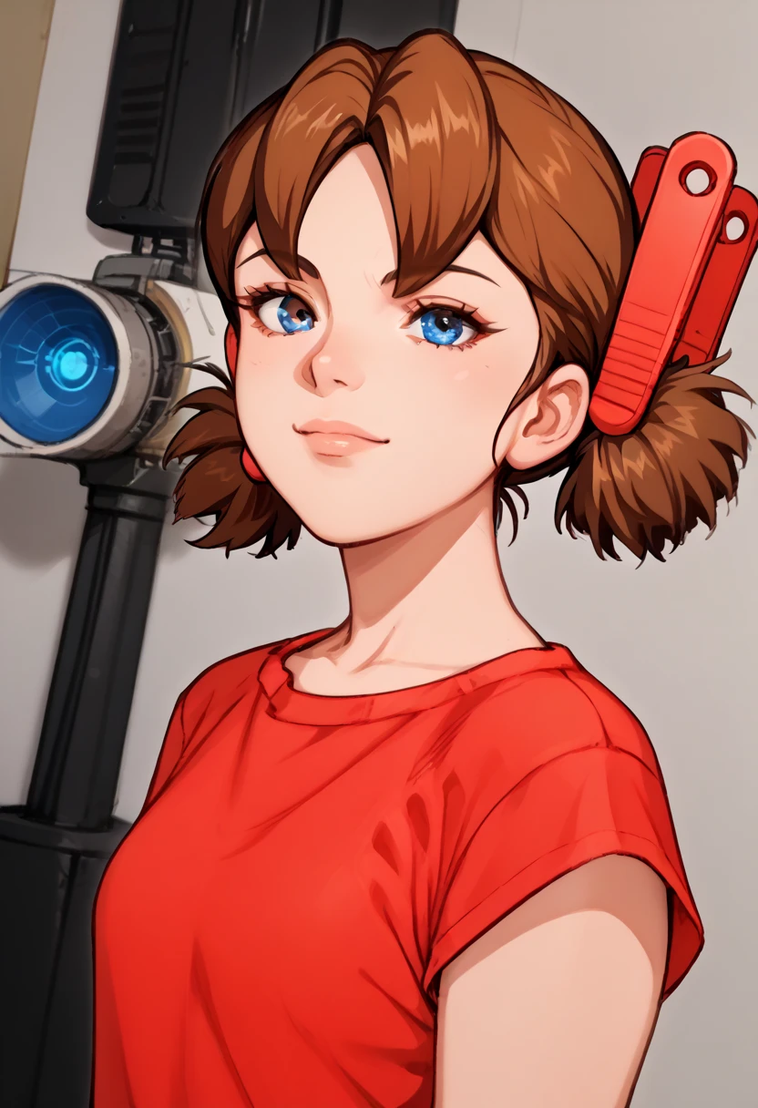 A Female robot is sleeping in the book, spread legs, nude, banzai pose. she wears no dress. She Brown short hair is tied with two big red clothespins, She lifts up the under hem of her white plain dress, leaning over, masterpiece, very short pigtails,brown hair, mature, android, blue eyes, full body figure, Height: 160cm, flushed cheeks, 2020s anime picture, A beautiful robot with short brown hair in two short pigtails held up by two very large huge red clothespins, Uplifting, No NSFW, whole body, barefoot, archaic smile, getting orgasm, 25 years old, sweat bucket.