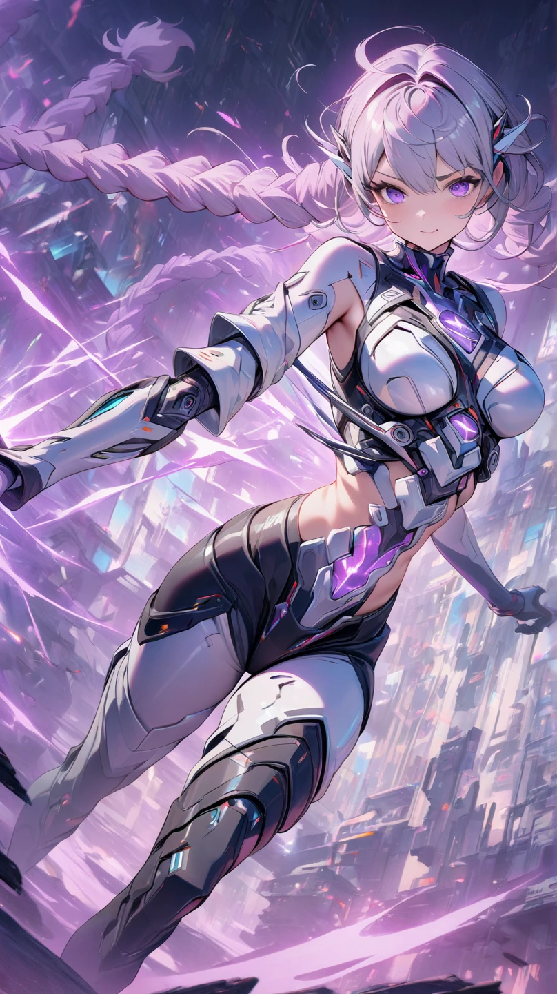Luciwilde is a sexy cyborg with a entirely electric purple metallic body(obviously mechanical), metal helmet stylized as a fashion model hairdo (no hair visible), and a completely human face. She is flying through space propelled by jets in her feet. She has a guitar with a laser rifle built into it. Full body shot, show all of her, action pose with her weapon, best quality, extreme attention to detail, beautiful face
