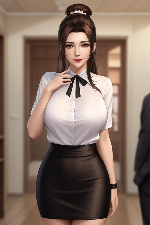 1lady solo, walking slowly, (blue silver blouse) (leather skirt), mature female, /(brown hair/) bangs, blush light smile, (masterpiece best quality:1.2) delicate illustration ultra-detailed, large breasts BREAK (holding pouch) BREAK (corridor of high-end restaurant:1.2) indoors, (stained glass window), (setting sun's light), detailed background