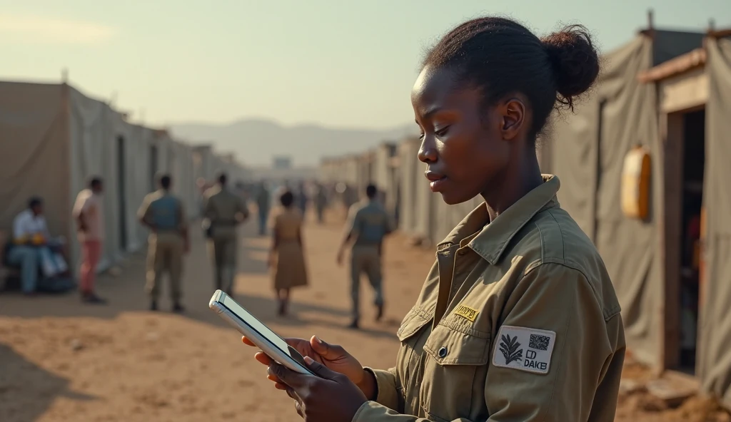 She a female Nigerian captain on camouflage uniform and beret checking her phone