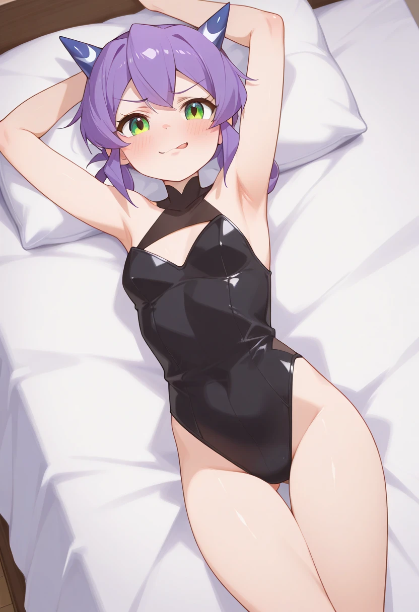 masterpiece, best quality, highres, ny1,,looking viewer,,spoken heart,6yo,(petite), ,swimsuits,leotard,socks,expressionless,my room,smile,on bed,nsfw,medium breasts