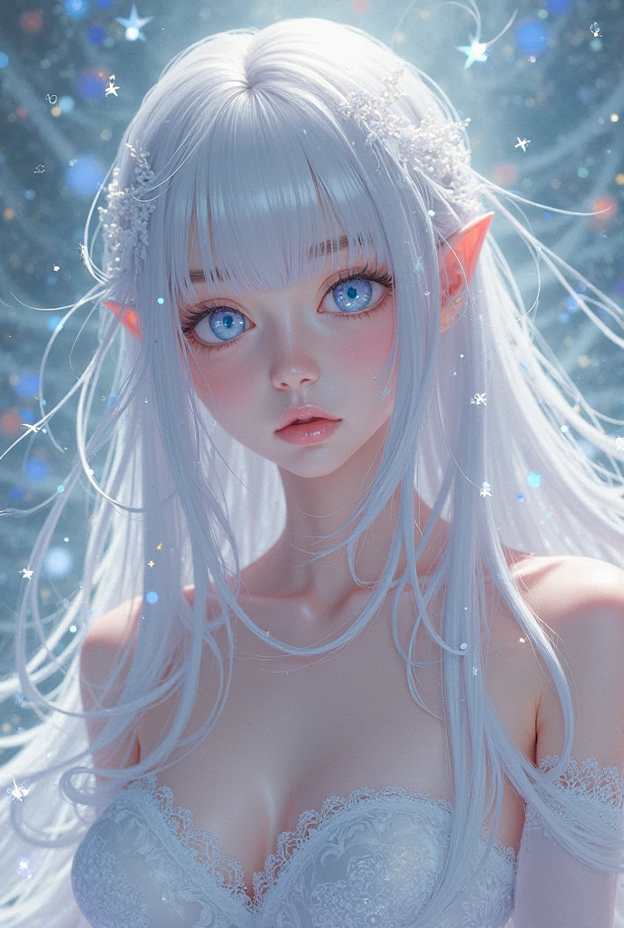 Girl, halfling girl, halfling, pale skin, short, short stature, very long hair, silver hair, straight hair that curls at the end, small breasts, pouty lips, masterpiece, best quality, dynamic pose, 8k, hair covering one eye, anime eyes, bright eyes, detailed eyes, big round eyes, blue eyes, realistic eyes, wind, windy, cute 