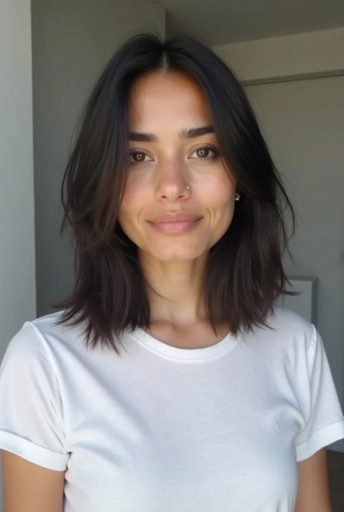 hispanic, black messy Hair, dark brown eyes, top, Chambre, Selfie, looking at camera, white plain tshirt, bathroom, plain background