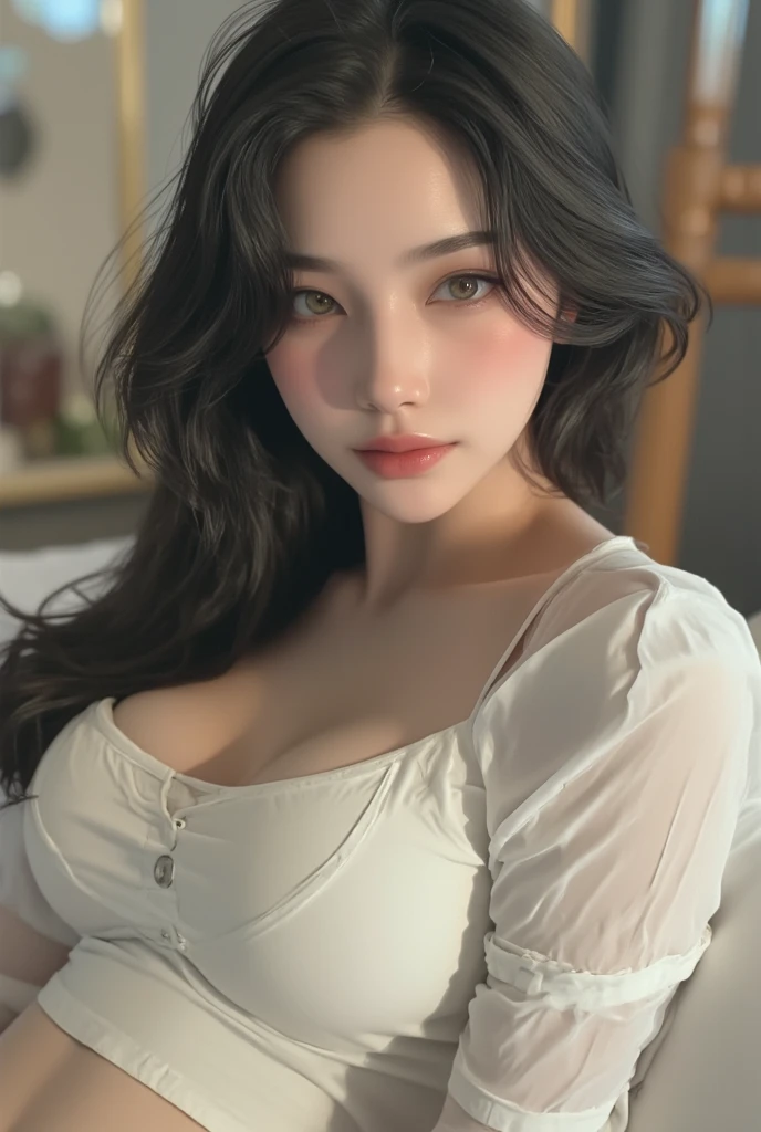 Sexy girl nipple，laying on，White bed，big breasts enchanting，flat lay，seductiv，Open legs，head looking up，Transparent silk pajamas ，barechested，Thick long hair，Highly detailed body，Highly detailed face，Best quality at best