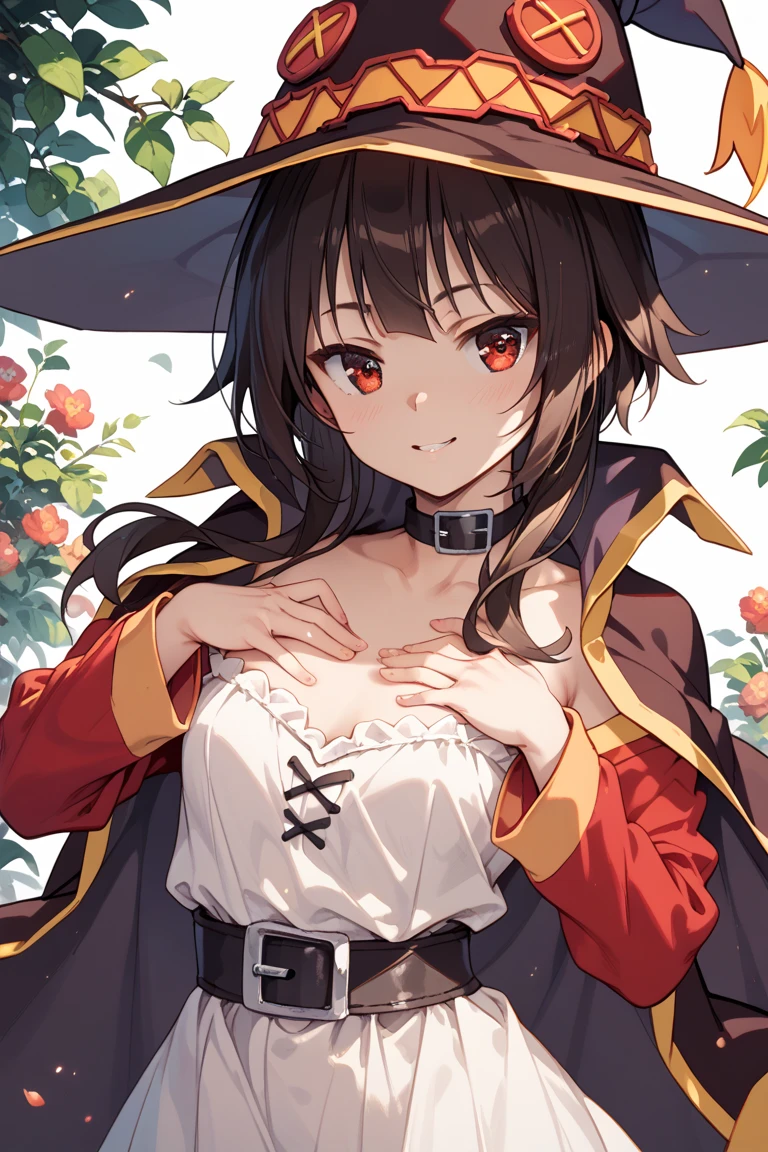 absurdres, (masterpiece:1.5), (best quality:1.5), (ultra detailed:1.5), extremely detailed,(super high resolution:1.5),(Top Quality photorealistic Illustration), (Super Definition),(cute illustration:1.3), (high Saturation:1.2), highres, ultra-detailed, 32k,8k resolution, intricate details, cinematic scene, detailed background, detailed background, super high precision, hiquality, top-quality, dynamic angle, close to viewer,breast focus,looking at viewer,in the beautiful grassland, upper body,
BREAK
1girl,Megumin,Megu-KJ, shiny skin, glistening skin,((shiny skin)), ((pale white skin)),(ultra detailed face:1.5),(red eyes),short hair,brown hair,choker,collarbone,short hair with long locks,sidelocks,belt, black gloves,black legwear, cape, collar, fingerless gloves, gloves, (red dress:1.3), single thighhigh, (witch hat:1.5), (Magic wand:1.5),(round face:1.3), (baby face:1.3), (kawaii), (cute), (loli face), (slim body), (narrow waist, narrow thighs), (narrow stomach), high resolution eyes, beautiful eyes, light in the eyes, fine-grained skin, (red cheeks:1.3), smile, open mouth,
BREAK
(show off nipples:1.5),beautiful small breasts, (small nipples:1.5), (small areolas:1.5), (open dress:1.5),