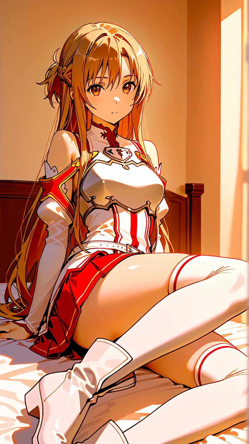 celica fe, 1girl, solo, looking at viewer, blush, sitting, wariza, on bed, seductive smile, cape, armor, dress, bare shoulders, thighhighs, tiara, gloves, pelvic curtain, leaning forward, cleavage, large breasts, thick thighs