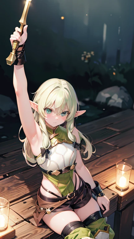 Only One Woman、Blonde、Sharp, pointed ears、Long Hair、ponytail、Small size breasts、Flat Chest、Visible nipples、Pointy Chest、mini tank top dress、Tattered Dress、Wearing a light brown dress、barefoot、Urinating in a cave、Spread your legs、Squat positions、Embarrassing、Open your mouth、Blushed face、Spilling urine from the crotch、Suppressed、Handcuffs、Shackles、Bound in chains、Hands above head