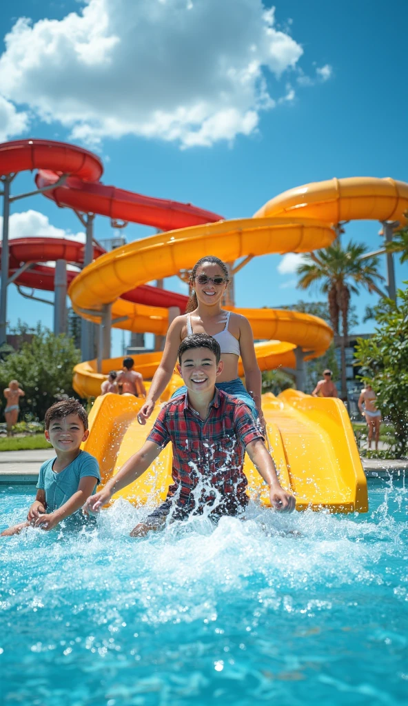 italy. Create a highly realistic scene of a Italian girl surrounded by younger children as they enter a water sports center on a sunny day. The group heads towards the entrance, full of excitement and anticipation.
The 13-year-oldirlnds ahe head of the group, leading them with a cheerful and cheerful attitude. She has shoulder-length brown hair tied in a ponytail and is wearing a bright t-shirt and athletic shorts. Her eyes are wide with excitement as she points to the entrance, encouraging the children to follow her.
The children, aged between 5 and 10, are a mix of boyand girls, all dressed in colorful swimsuits. Their outfits vary in hue, creating a vibrant and dynamic color palette. The children laugh, chat and some enthusiastically point towards the impressive water slides visible in the distance.
The backdrop shows the lively entrance to the water sports centre, with tall, twisting water slides, splash pads and play areas. The entrance is lively, with other visitors and families making their way into the park, adding to the sense of excitement. Banners and signs welcoming guests to the water park help create a festive atmosphere. Bright sunlight illuminates the scene, casting shadows and highlighting the vibrant colors of their clothing and the features of the park.
The scene captures the joyous moment of arrival, with the girl at the forefront leading her group on the adventure, while the younger children express joy and anticipation for the fun that awaits them.