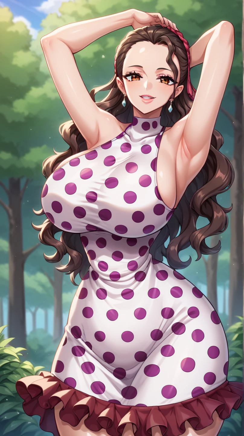 16K, HD, Close up, ((anatomically correct)), 1 woman, Fair skin, (Fat), Voluptuous, Very Chubby, Busty, Curvy waist, Plump butt, Pudgy Stomach, Happy expression, Standing, (long detailed (dark Brown) curly hair, Freckles, Blush, Highly detailed face, Highly detailed lips, Detailed eyes, Green eyes, Longeyelashes, Professional, Highly Detailed, ((Masterpiece: 0.5)), ((Daylight)) ((Standing in a detailed botanical garden:1.5)) (bright light coming off of a sun:0.6), ((High Quality)), large bulge