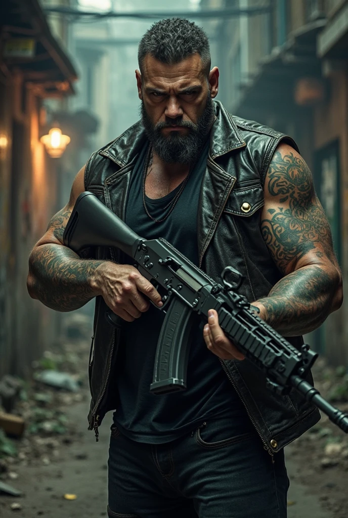 ((best quality)), ((super detail)), ((masterpiece)), photography, scene: spacious abandoned warehouse, theme: demon gunslinger, character: male gunslinger, appearance: muscular build, action: fighting stance, facial expression : smirk, holding a sniper rifle, naked upper body, mafia sports tattoos, perspective: 4K.