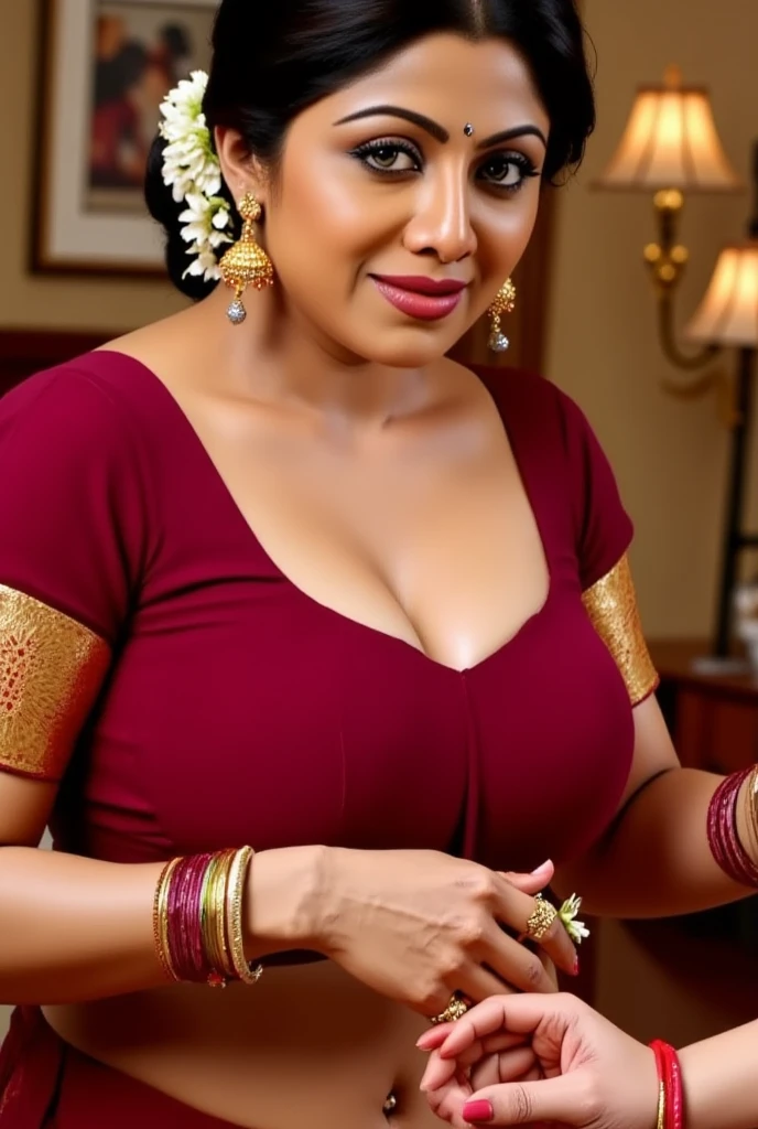 Face of mature actress Pavitra Lokesh,Foto RAW, Phographic recreation shoot Inspired from art by mohanan manimala, looks like beautiful actress Pavitra Lokesh, Sweat is coming out profusely from the body, sensual pleasure, best quality,The body is getting wet with sweat,  sleeveless blouse, off shoulder dress, queen of Lust, appealing physique, sultry woman, modern sleeveless blouse, her sensual & bold Avataar, extremely gorgeous and hot milf, modelshoot, profile photoshoot, mastershot,model photography, retouched, movie stills shoot, modelshoot Inspired by art of mohanan manimala, revealing clothes, her exposed charming figure, appealing physique, pale skin, Beautiful lady, extremely gorgeous woman, mallu traditional wear, party wear, summer wear, designer saree, sexy woman, wedding party wear, hot sleeveless blouse, sexy designer dress, designer blouse, braless, hot party wear, spotless skin, designer sari, fashion saree, 45 years old, sexy sleeveless blouse,armpits exposing, modern Indian aunties, sexy Indian housewife, desi bhabhi hot, sexy giant woman like figure, seductive body, wearing palla,Indian traditional bandeau crop top bra, huge breast, milk tank, mallu woman, mallu actress, mallu aunty, mallu sari model, mallu actress, lusty, perfect thick body, fleshy figure, highly detailed, intricate, flawless, pheromones dropping figure, seductive expression,beautiful face, juicy figure, perfect face, perfect eyes, perfect fingers, round shaped face, curvy, mallu bhabhi, mallu wife, mallu woman, mallu Beauty, Kerala Beauty, Kerala aunty Kerala wife, skin texture, hot, small hairs on armpits visible, unshaved underarm, armpit crease, captivating, lusty, charming, attractive figure, mature woman,Kerala model, Kerala actress, nails can be hidden, queen of Lust, High clarity eyes, gigantic figure,extremely seductive, extremely seductive dress, flawless picture,(pele altamente detalhada: 1.2), 8k UHD, DSLR, soft-lighting, alta qualidade, grain of film, Fujifilm XT3
