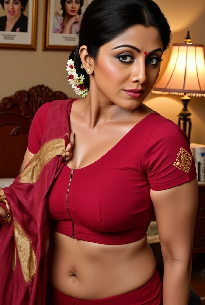 A busty woman in a saree showing her boobs 