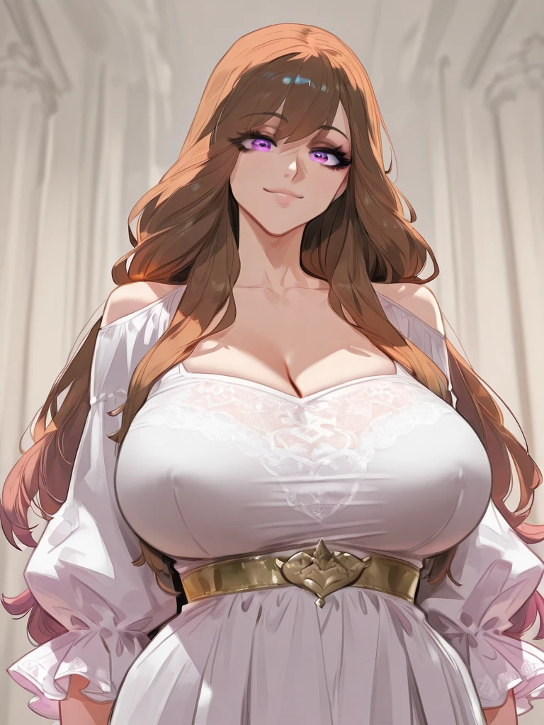 RisaHamazak1, brown hair, long hair, brown eyes, hoop earrings, forehead, large breasts, royal dress, gold accessories, smile, looking at viewer, 1girl, solo, indoors