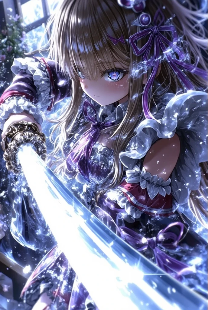 A girl, kneeling in the floor, wearing a ultra shattered and ultra broken cute skimpy princess armor,  lot of missing pieces, very damaged armor ,ripped clothes, broken helmet ,broken shield  and broken sword, in tears, sad, dramatic scene, tears flowing in the face, garden, roses, rain, ultra detailed face 