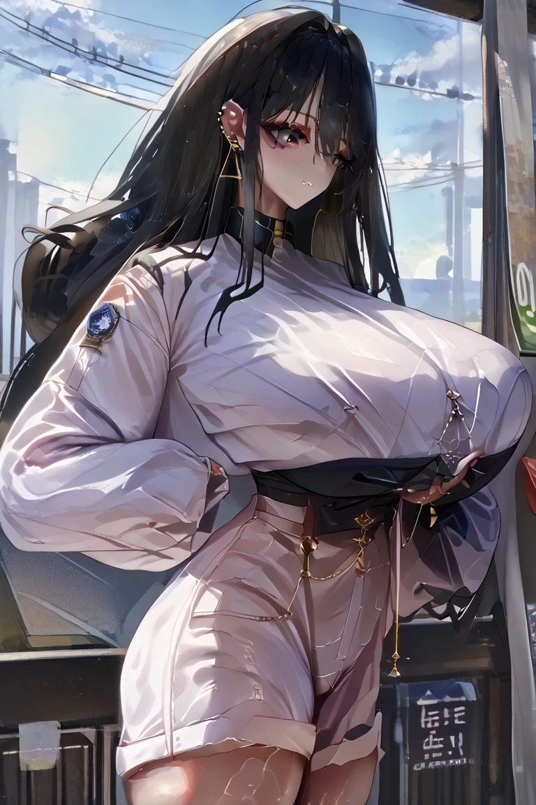 1girl,solo,long hair,black hair color,white mask,White coat,huge breasts,slender,tall person,Alley,looking at viewer,near