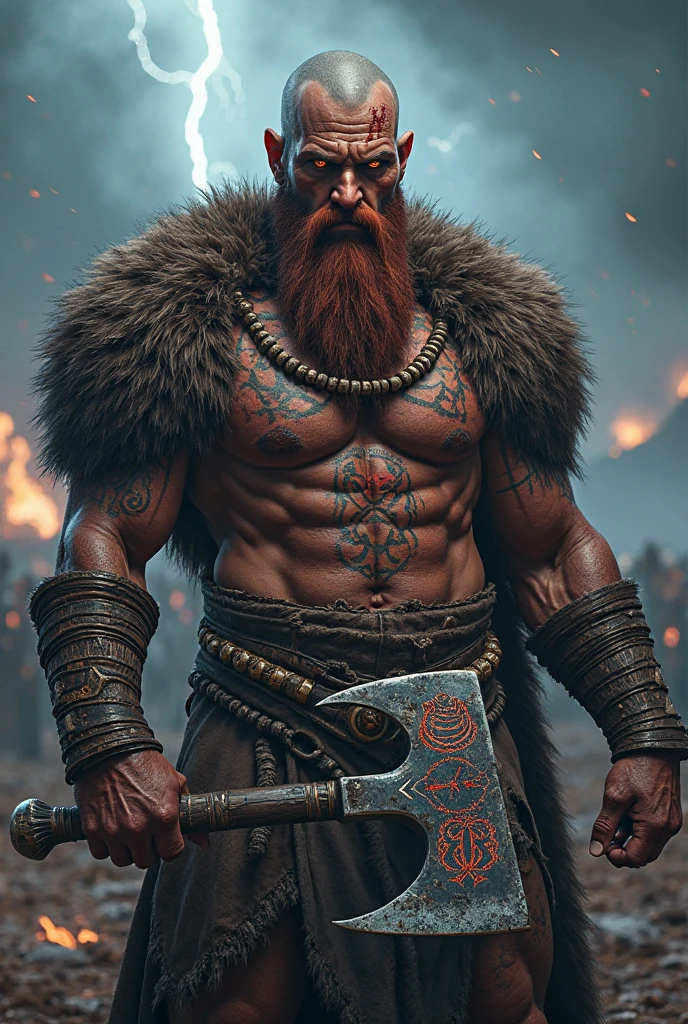 ((Cinematic light, Best quality, 8k, Masterpiece :1.3)), (extremely detailed:1.2), (extremely detailed face), (photorealistic:1.2), (ultra detailed), 8k, (((guy))), full body shot, close up muscular body, (light brown beard), light brown coloured facial hair, (((bald))),((no hair)), bright blue tribe tattoos, (gentle smile), (look at viewer), fur, muscular, runic tattoos,((glowing blue tattoos)), gentle demeanor, happy, soft facial features, brown eyes, fighting position , ((long white fur cape)), (look at viewer), headset, city night background, casual clothes
