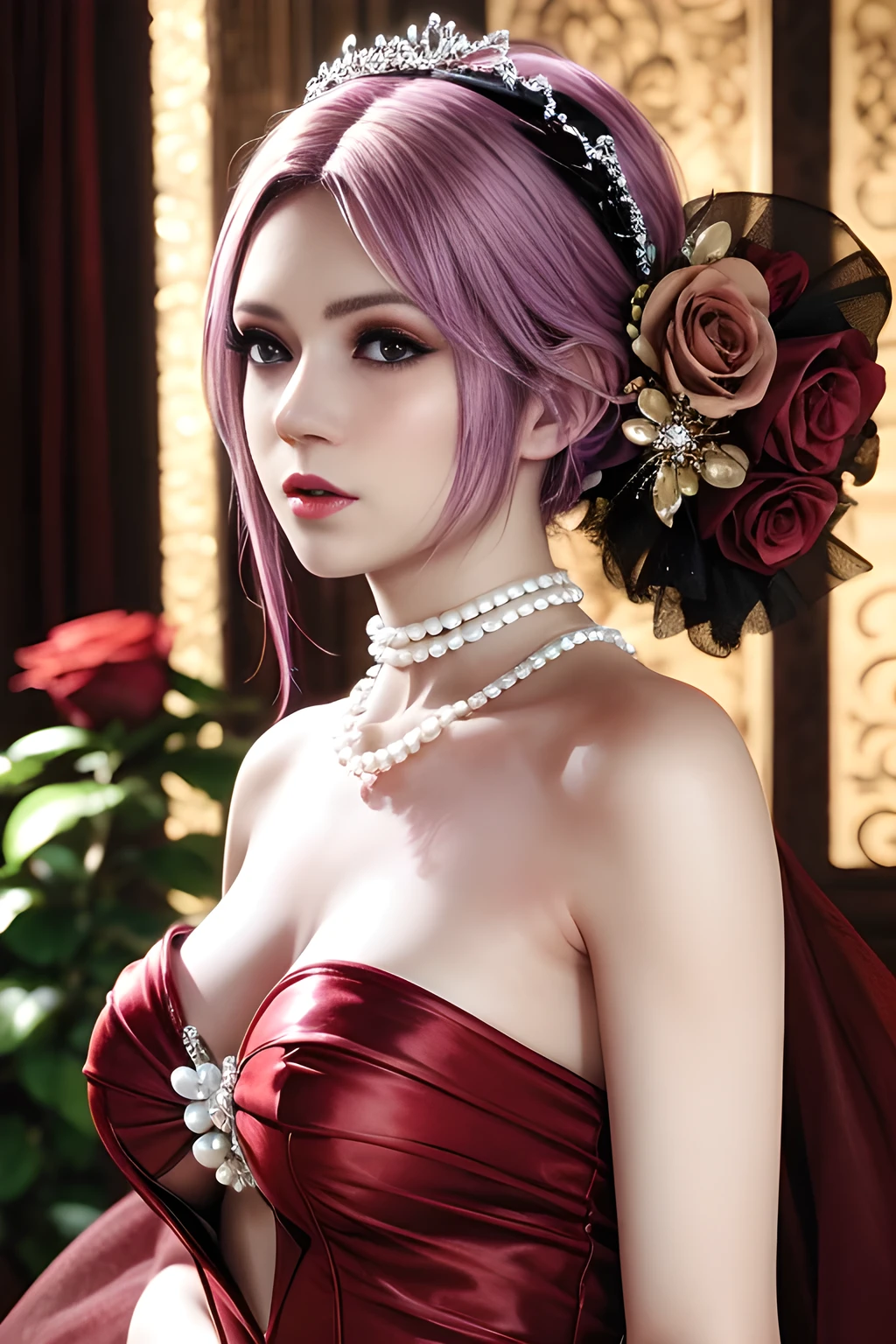 1 girl,lean over ,(Wearing Wedding Dress:1.2) ,(Wearing Jewel:1.2) ,( red lace_dress:1.3),(Fluffs ),(pearl bodychain:1.3),outdoor,elegant,nighttime,moonlighe,shiny skin,( huge breasts), lip gloss,tattoos, masterpiece, best quality, realistic ,Surrealism,natural colors art in 8k,soft shadows,Portrait art,solo,  elise,