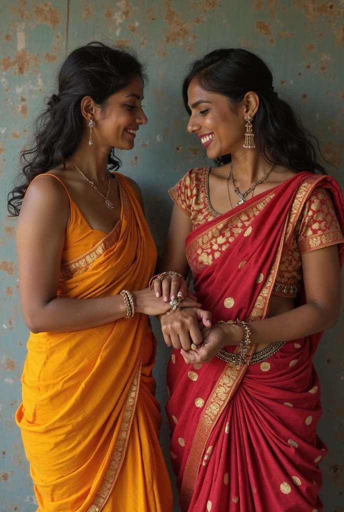 ((best quality)), ((masterpiece)), (detailed), Beautiful indian women in traditional saree removing her sister saree while her sister is showing her naked boobs