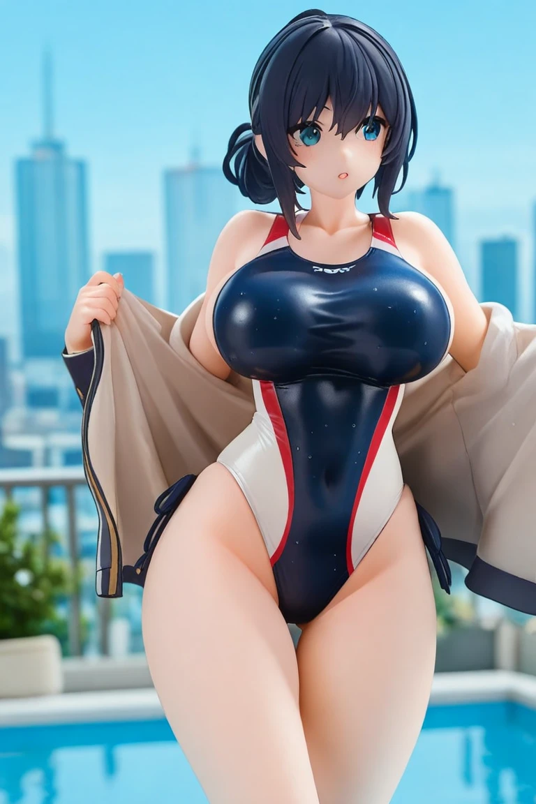 NSFW, (((Uncensored))), (((Clear picture))). high image quality, high resolution, 18 year old beautiful girl、shiny black hair、Hime cut、Brown eyes, dark eyebrows, J-cup huge breasts、172cm tall、tightened waist,、red bikini, sexy pose, Sandy Beach、Blue sky