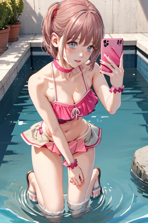 (masterpiece:2.0), (highest quality:2.0), (swim naked on the beach:1.5), (Tiny pink thong micro bikini:1.5), (super sexy pose:1.5), (look up from below:1.5), (fully exposed shoulders:1.5), (fully exposed nape:1.5), (face turns red:1.5), (cover one's chest with one's hands:1.5), (spill :1.5), (realistic:1.5), 1 very pretty girl, precise small needle, You look embarrassed when you look at me, light smile, innocent face, young face, clear eyes, shining eyes, small breasts, I can see the side boob, I can see your shoulders, I can see the cleavage, no pubic hair, dynamic posing, beautiful skin, Super fine, highest resolution, Japanese high school student, pink hair